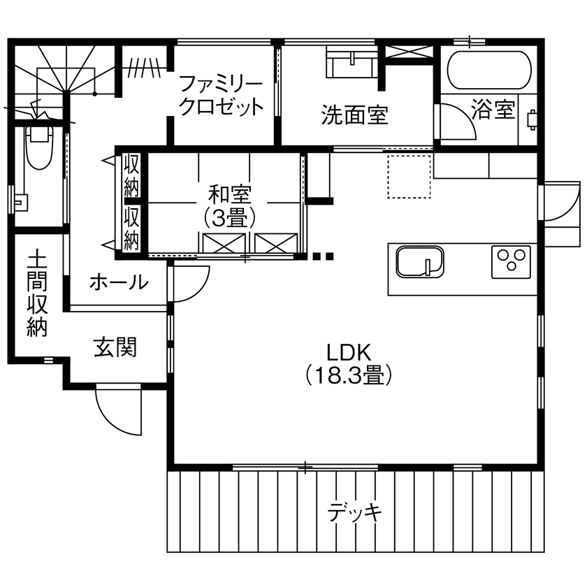 アサヒグローバルホーム 【1000万円台/間取り/30坪台/土間/回遊導線】細部までこだわる、男前なガレージと庭があるアメリカンハウスの間取り図（4LDK＋ガレージ）1階