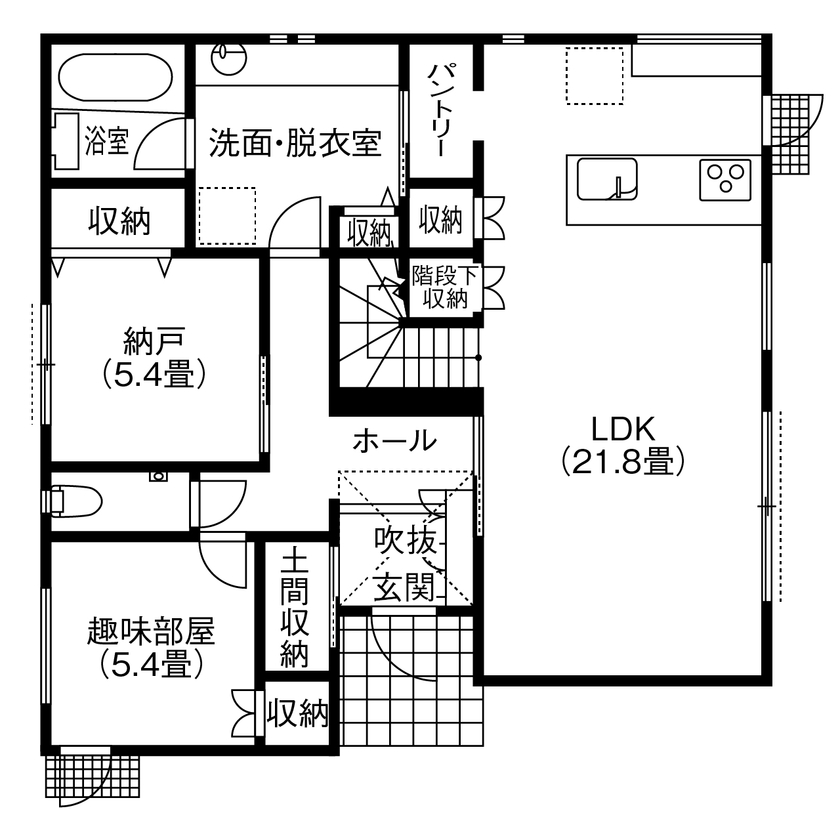 アサヒグローバルホーム 【2000万円台/間取り/40坪台/吹抜玄関/家事ラク】「こだわりが少ない私たちも心からかっこいいと思える家」の間取り図（4LDK＋納戸＋WIC）1階