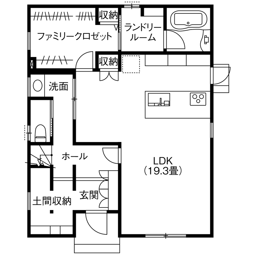 アサヒグローバルホーム 【1000万円台/間取り/30坪台/土間/家事動線】タイル外壁の外観×ニュアンスカラーが映えるシンプルハウスの間取り図（4LDK＋2WIC）1階