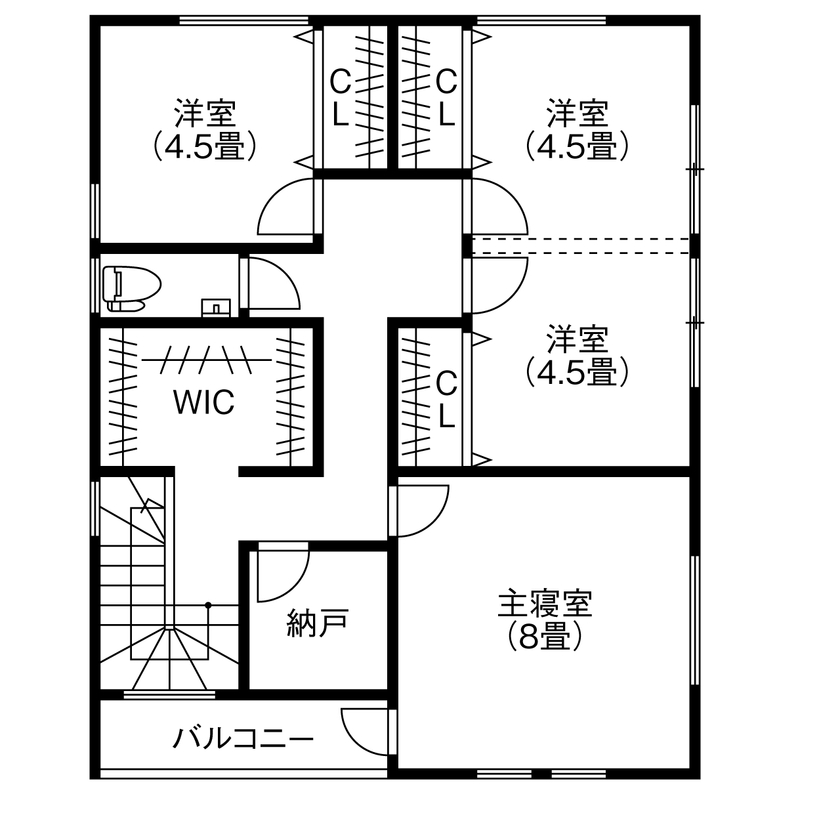 アサヒグローバルホーム 【1000万円台/間取り/30坪台/土間/家事動線】タイル外壁の外観×ニュアンスカラーが映えるシンプルハウスの間取り図（4LDK＋2WIC）2階