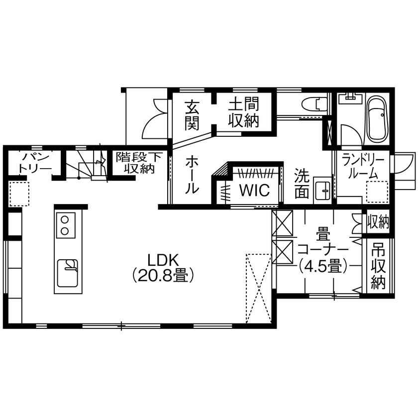 アサヒグローバルホーム 【1000万円台/間取り/30坪台/土間/収納充実】DIY好きパパが叶えた！薪ストーブとハンモックのある暮らしの間取り図（3LDK＋畳コーナー）1階