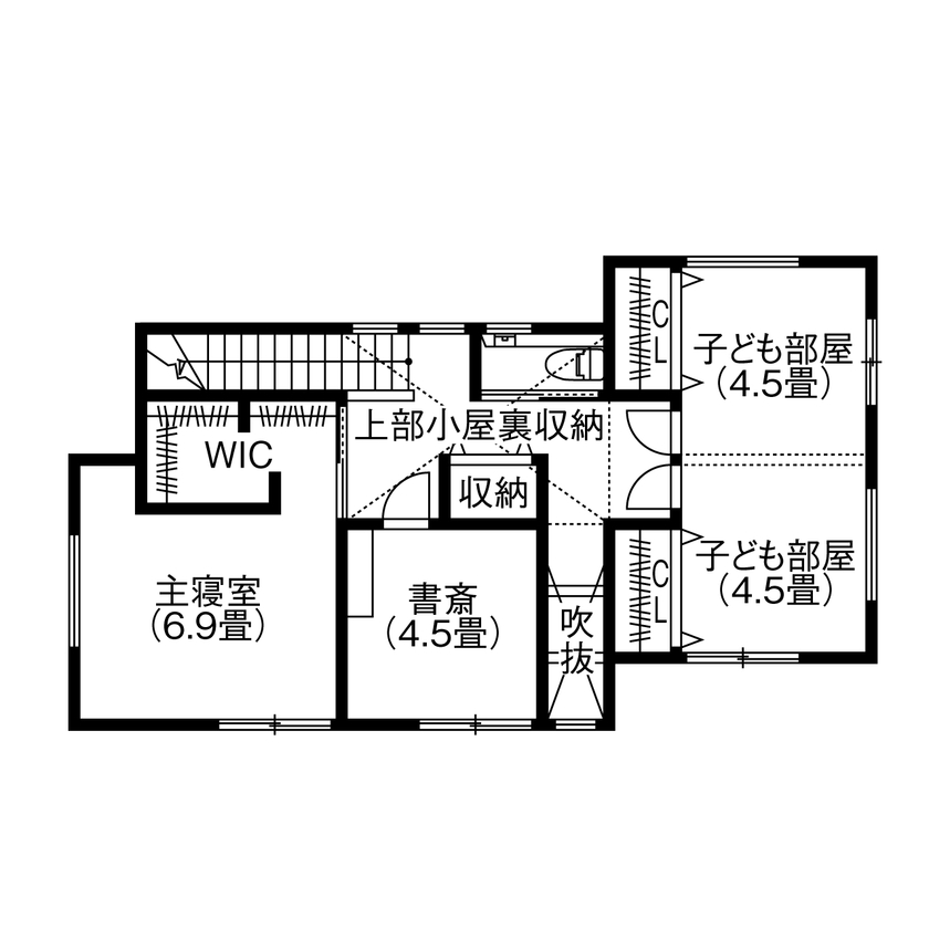 アサヒグローバルホーム 【1000万円台/間取り/30坪台/土間/収納充実】DIY好きパパが叶えた！薪ストーブとハンモックのある暮らしの間取り図（3LDK＋畳コーナー）2階