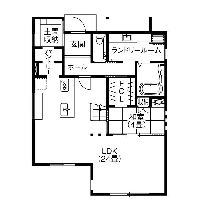 アサヒグローバルホーム 【2000万円台/間取り/30坪台/カフェ風/キャットウォーク】フレームキッチンが映えるインダストリアルな家の間取り図（4LDK＋FCL＋納戸）1階