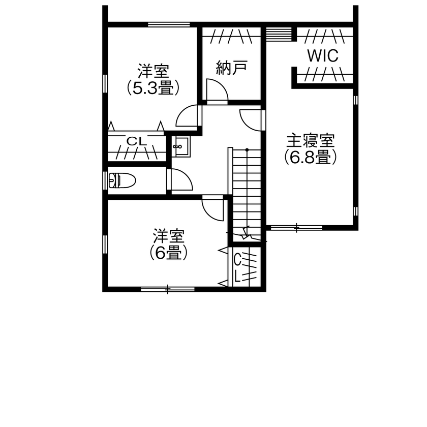 アサヒグローバルホーム 【2000万円台/間取り/30坪台/カフェ風/キャットウォーク】フレームキッチンが映えるインダストリアルな家の間取り図（4LDK＋FCL＋納戸）2階