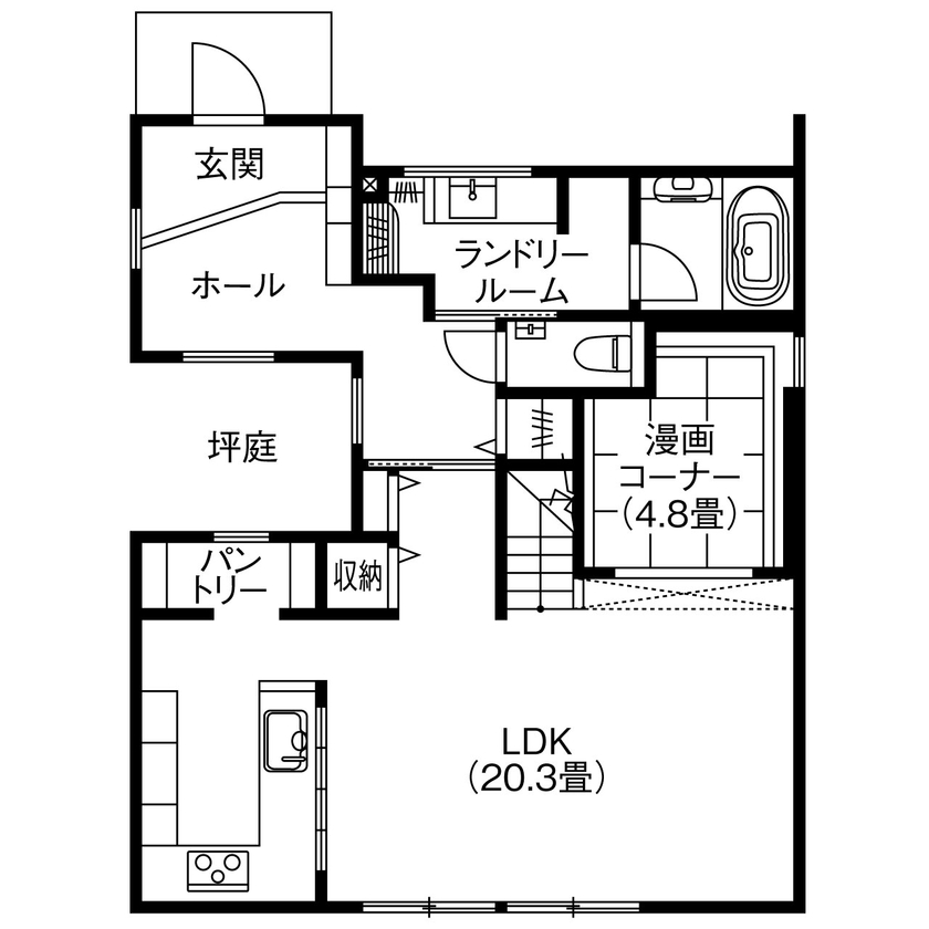 アサヒグローバルホーム 【2000万円台/間取り/30坪台/坪庭/海外風】上はワークスペース、下は漫画コーナーのスキップフロアの家の間取り図（3LDK＋漫画コーナー）1階