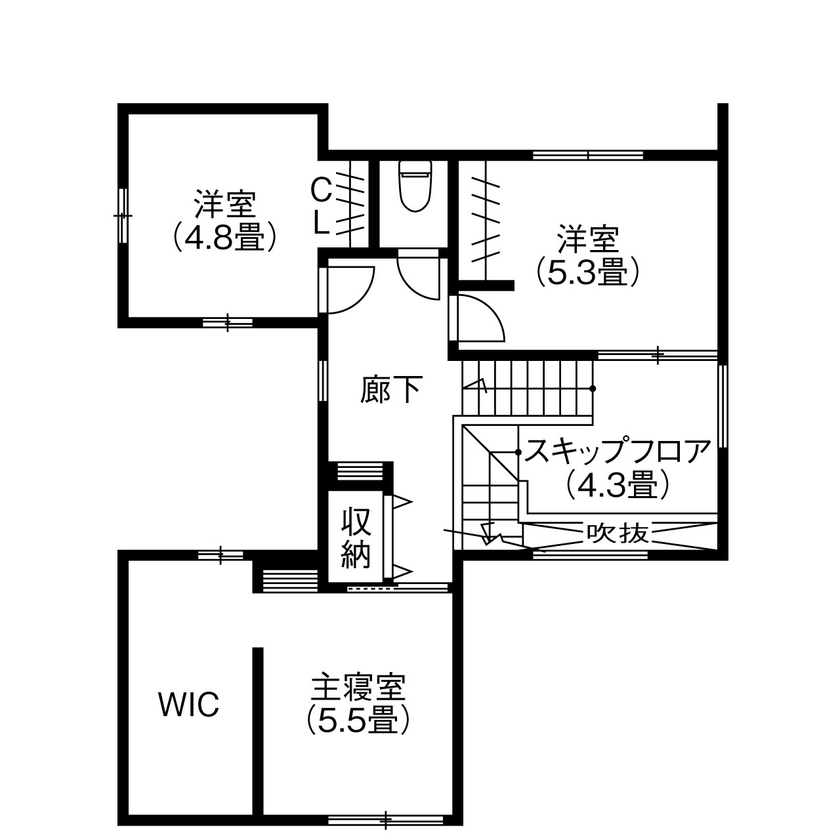 アサヒグローバルホーム 【2000万円台/間取り/30坪台/坪庭/海外風】上はワークスペース、下は漫画コーナーのスキップフロアの家の間取り図（3LDK＋漫画コーナー）2階