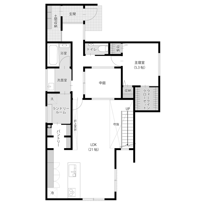 アサヒグローバルホーム 【2000万円台/間取り/30坪台/中庭】家族の会話をつなぐ、吹き抜けとリビング階段があるホテルライクな家の間取り図（3LDK）1階