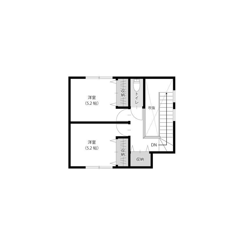 アサヒグローバルホーム 【2000万円台/間取り/30坪台/中庭】家族の会話をつなぐ、吹き抜けとリビング階段があるホテルライクな家の間取り図（3LDK）2階