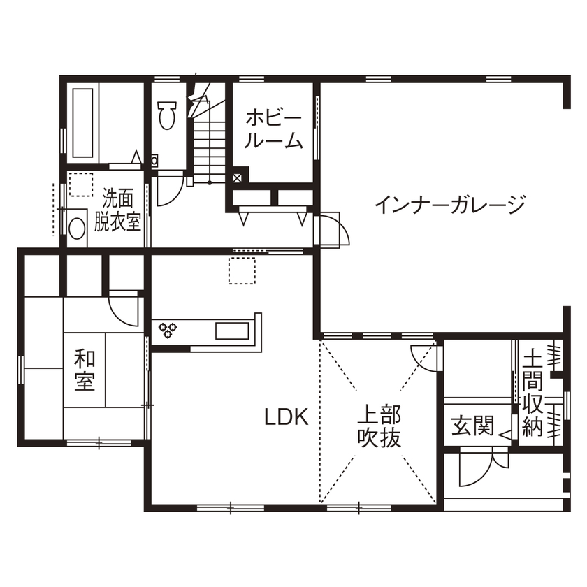アサヒグローバルホーム 【1000万円台/間取り/土間収納/インナーガレージ】吹抜けのあるガレージハウス「愛車を眺める時が幸せ！」の間取り図（4LDK）１階