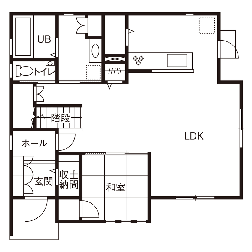 アサヒグローバルホーム 【1000万円台/間取り/約35坪/土間】南向きリビング×明るい床色で開放的な空間。子どもが遊べる和室も隣接の間取り図（4LDK）1階
