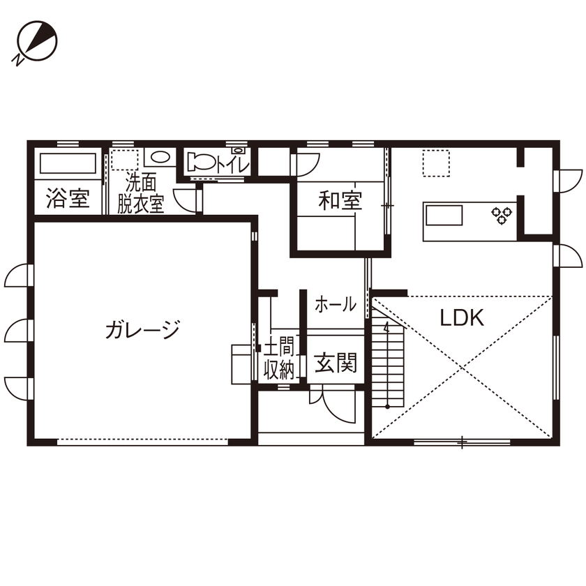 アサヒグローバルホーム 【2000万円台/間取り/ガレージハウス/吹抜けリビング】こだわりも予算も大満足。太陽光パネルで省エネも！の間取り図（4LDK）１階