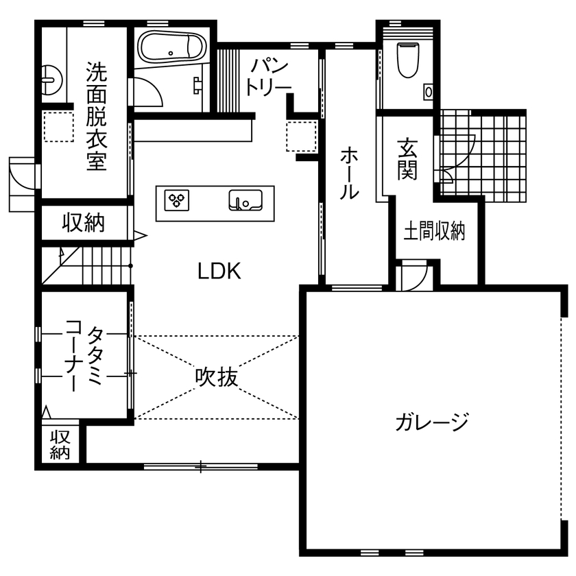 アサヒグローバルホーム 【2000万円台/間取り/吹抜けリビング/土間】20代で実現 フレンチモダンなキッチンが映えるガレージハウスの間取り図（3LDK＋ガレージ）1階