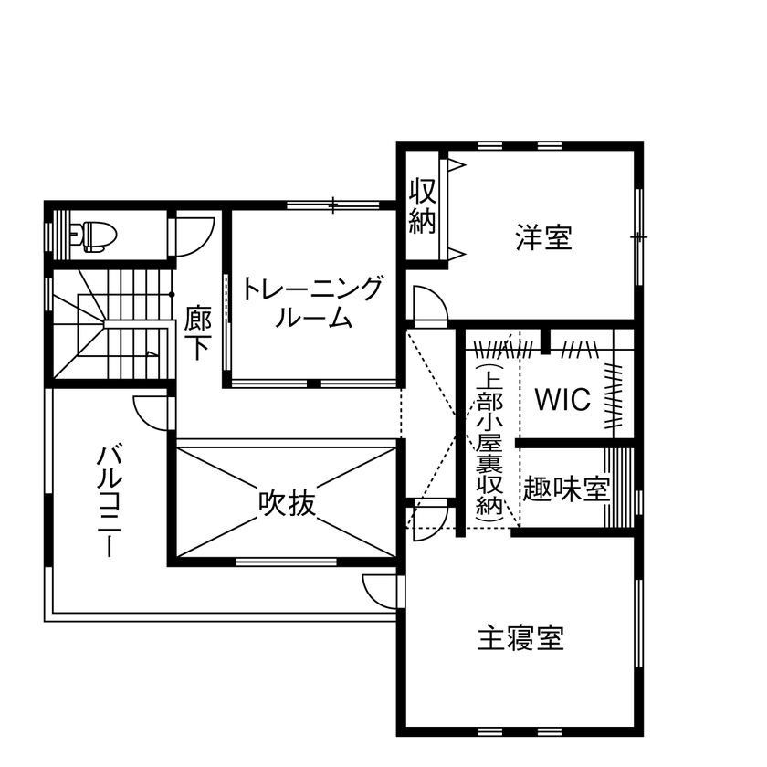 アサヒグローバルホーム 【2000万円台/間取り/吹抜けリビング/土間】20代で実現 フレンチモダンなキッチンが映えるガレージハウスの間取り図（3LDK＋ガレージ）2階