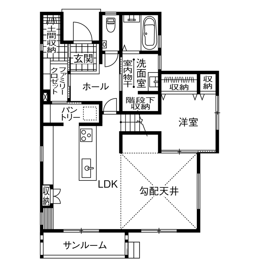 アサヒグローバルホーム 【1000万円台/間取り/約30坪/土間/家事ラク】家具のような佇まいのこだわりキッチンと、サンルームがある家の間取り図（4LDK＋サンルーム）1階