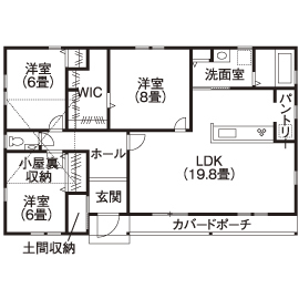 アサヒグローバルホーム 【1000万円台/間取り/約30坪/平屋】3LDKのおしゃれなウッドデッキのあるアメリカンスタイルの平屋の間取り図（3LDK）1階