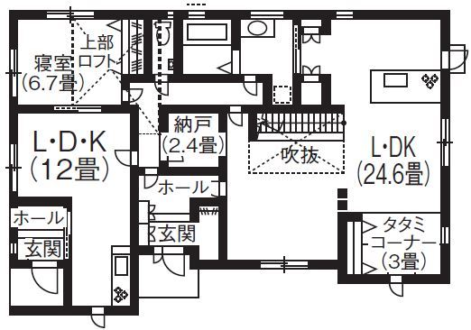 アサヒグローバルホーム 【2000万円台/間取り/二世帯住宅/スタイリッシュ外観】こだわりの吹抜けの階段　仲良く暮らせる二世帯住宅の間取り図（1LDK+3LDK ２世帯住宅）1階