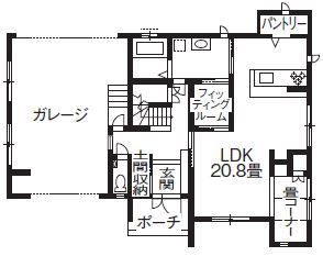 アサヒグローバルホーム 【1000万円台/間取り/ガレージハウス/回遊導線】玄関から続くインナーガレージで趣味の愛車を眺められる家の間取り図（2LDK＋ガレージ）1階