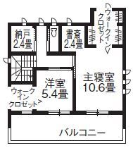 アサヒグローバルホーム 【1000万円台/間取り/ガレージハウス/回遊導線】玄関から続くインナーガレージで趣味の愛車を眺められる家の間取り図（2LDK＋ガレージ）2階