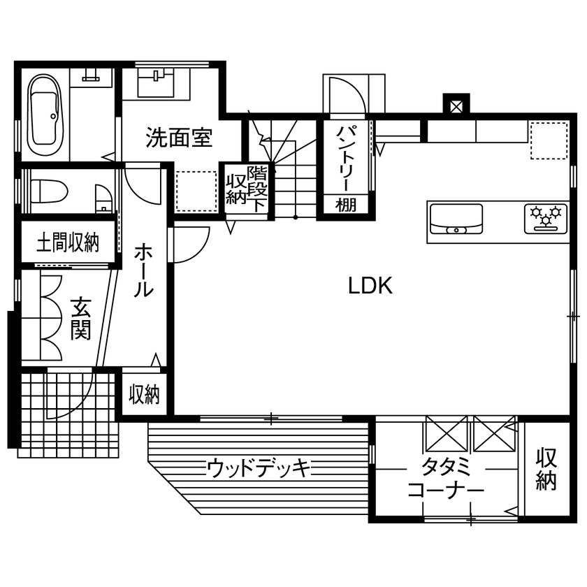 アサヒグローバルホーム 【1000万円台/間取り/約40坪/土間】プライベートな庭でおうち時間を満喫。スタイリッシュなモノトーンの家の間取り図（4LDK＋タタミコーナー）1階