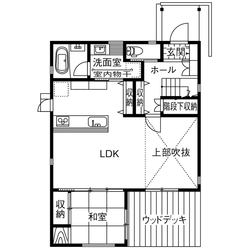 アサヒグローバルホーム 【2000万円台/間取り/30坪台/吹抜リビング】ウッディな内装×シンプルデザイン。カフェ風キッチンが映える家の間取り図（4LDK＋ウッドデッキ）1階