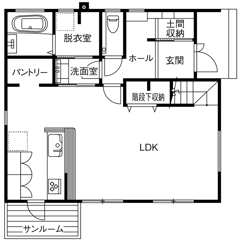 アサヒグローバルホーム 【1000万円台/間取り/30坪台/家事動線/サンルーム】コストを工夫し予算内でこだわり尽くすホテルライクな家の間取り図（3LDK＋サンルーム）1階