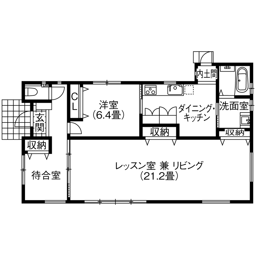 アサヒグローバルホーム 【1000万円台/間取り/平屋/アンティーク外観】ピアノ教室を併設 カフェ風の明るいリビングで楽しくレッスンの間取り図（1LDK）1階