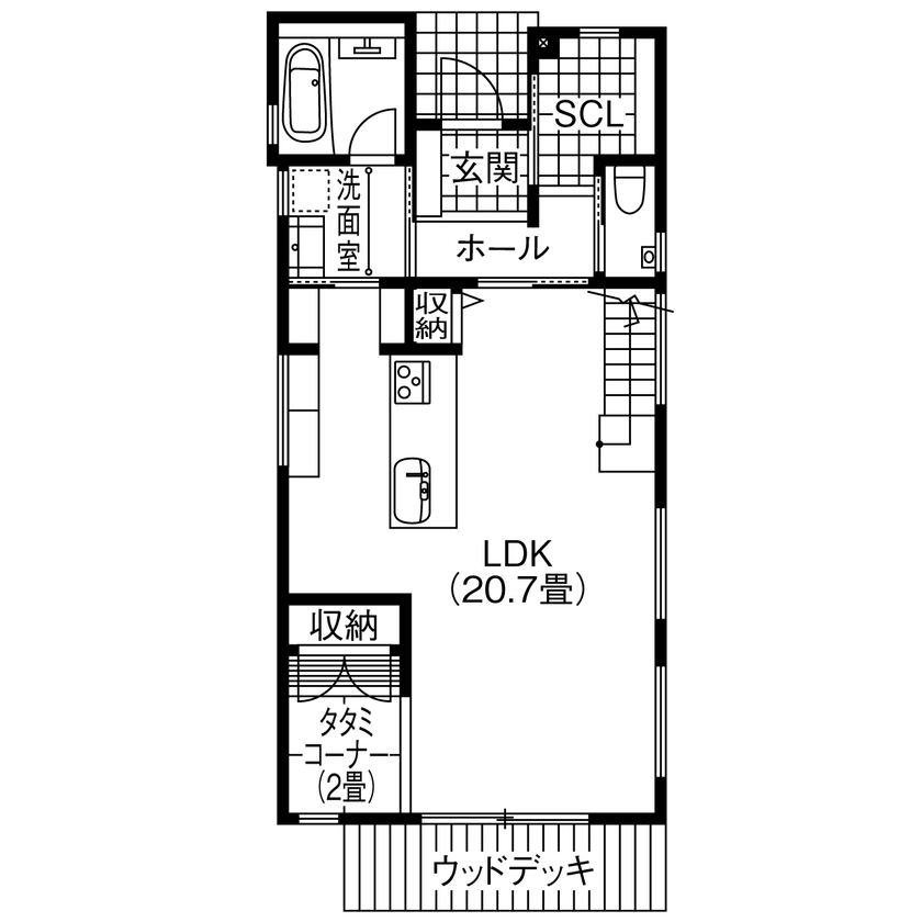 アサヒグローバルホーム 【1000万円台/間取り/30坪台/デッキ】グレイッシュモダンなリビングに家族が集う。吹抜け×オープン階段の家の間取り図（3LDK＋タタミコーナー）1階
