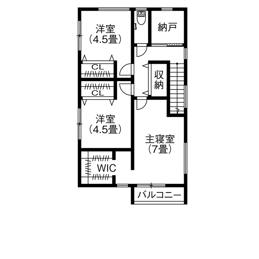 アサヒグローバルホーム 【1000万円台/間取り/30坪台/デッキ】グレイッシュモダンなリビングに家族が集う。吹抜け×オープン階段の家の間取り図（3LDK＋タタミコーナー）2階