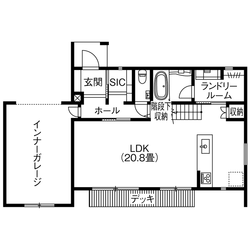 アサヒグローバルホーム 【2000万円台/間取り/30坪台/インナーガレージ】妥協ナシ！ホームジム×秘密基地がある大空間ガレージハウスの間取り図（3LDK＋ガレージ）1階