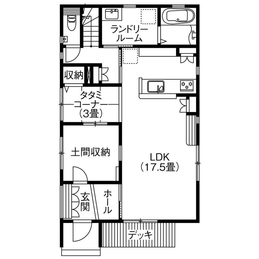 アサヒグローバルホーム 【1000万円台/間取り/30坪台/土間収納】玄関直結の土間のホビールーム！アウトドア好きの理想の家の間取り図（3LDK＋土間収納＋納戸）1階