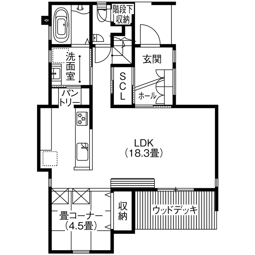 アサヒグローバルホーム 【間取り/30坪台/モダン外観/家事動線/アウトドアリビング】一級建築士のデザインで全てが叶った子育て住宅の間取り図（4LDK＋畳コーナー）1階