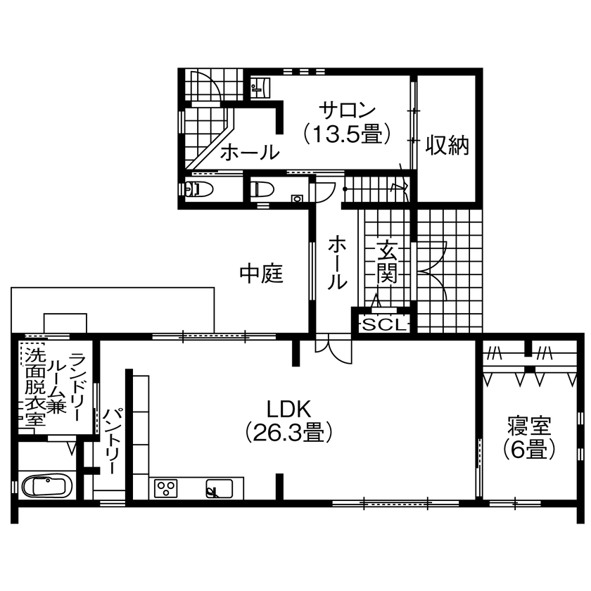 アサヒグローバルホーム 【2000万円台/間取り/40坪台/店舗併用住宅】「働く場」と「暮らす場」を中庭が繋ぐ家。26.3畳の大空間LDKの間取り図（4LDK）1階