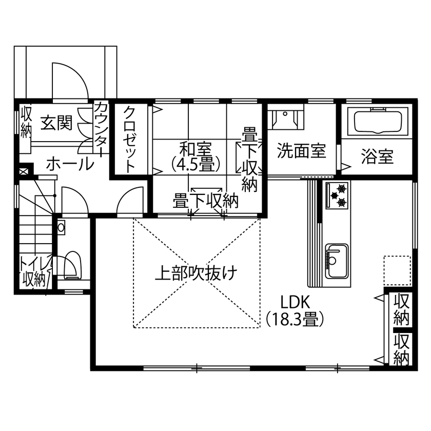 アサヒグローバルホーム 【1000万円台/間取り/30坪台/収納充実】敷地に太陽光パネル10kW搭載。吹抜けリビングで開放感たっぷりの間取り図（4LDK）1階
