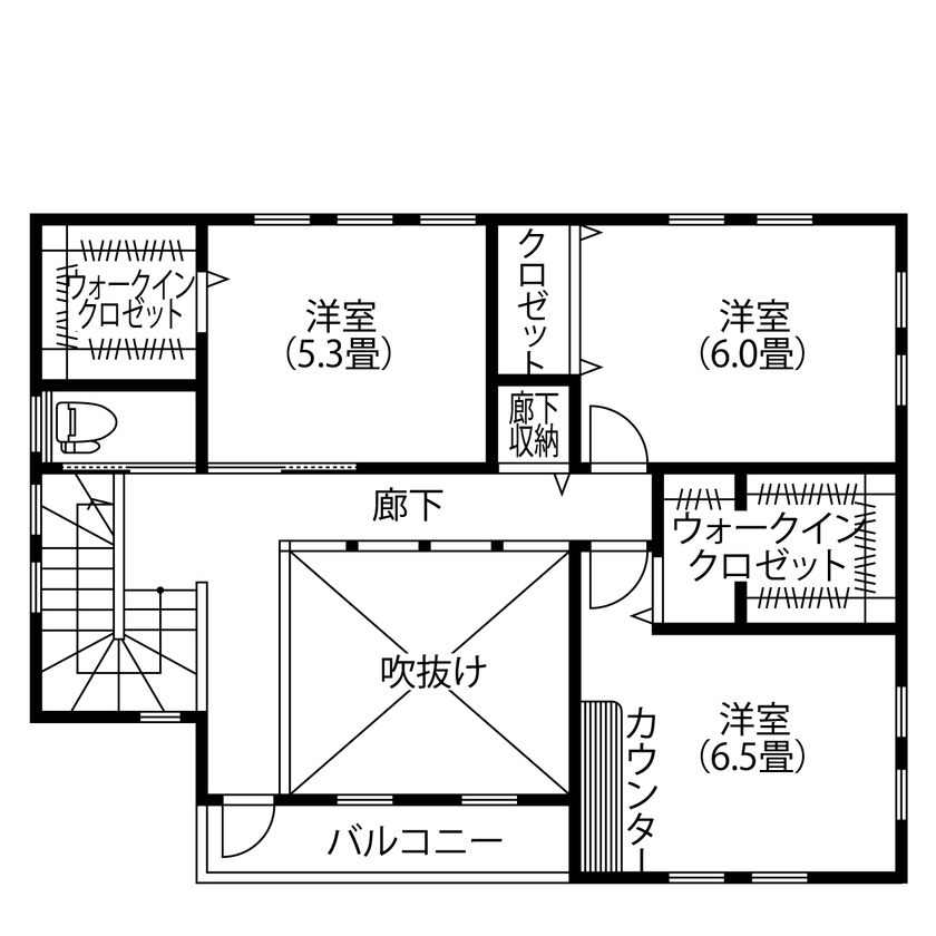 アサヒグローバルホーム 【1000万円台/間取り/30坪台/収納充実】敷地に太陽光パネル10kW搭載。吹抜けリビングで開放感たっぷりの間取り図（4LDK）2階