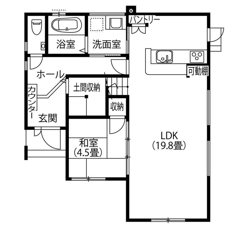 アサヒグローバルホーム 【1000万円台/間取り/約34坪/ローコスト】土地探しも一緒に。施主の要望をすべて盛り込んだ天井が高い家の間取り図（4LDK）1階