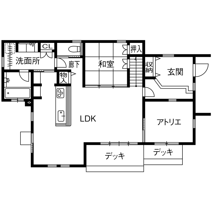 アサヒグローバルホーム 【2000万円台/間取り/約46坪/おしゃれな家】男の隠れ家、妻のアトリエ。プライベートな時間も大切にする家の間取り図（5LDK）1階