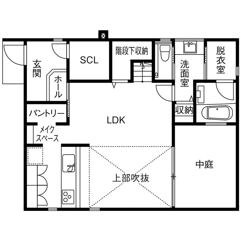アサヒグローバルホーム 【1000万円台/間取り/30坪台/ガルバリウム外観/吹抜リビング】中庭でおうちカフェ。一級建築士デザインの家の間取り図（3LDK＋中庭）1階