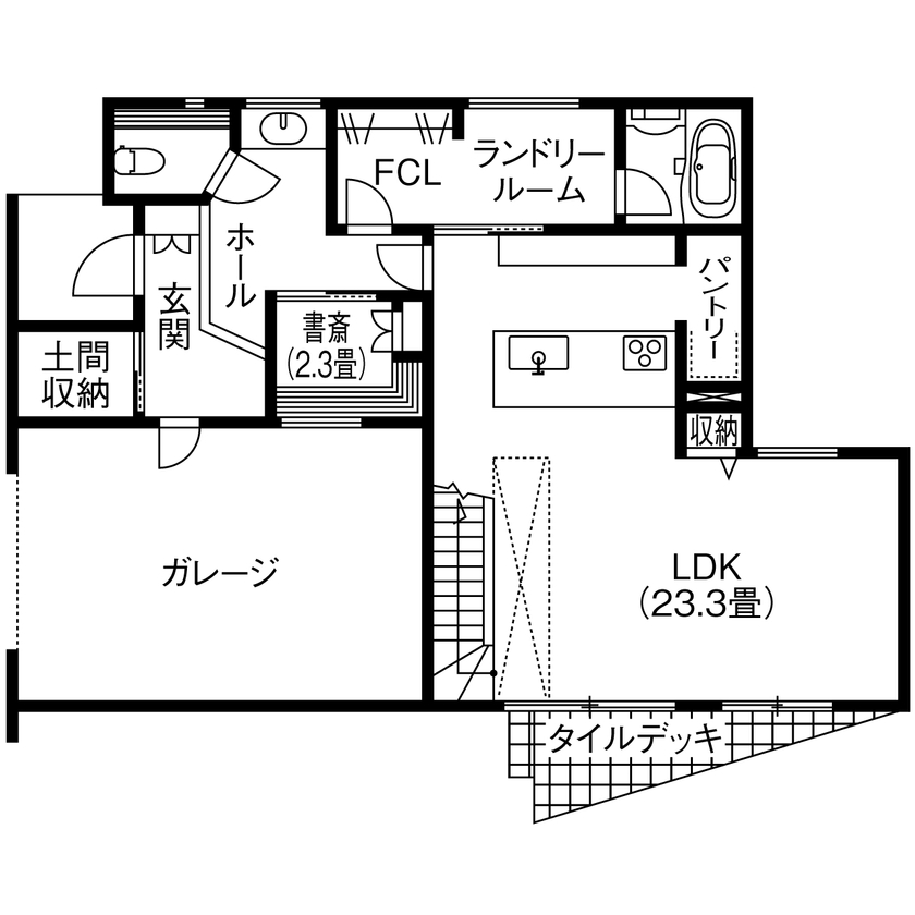 アサヒグローバルホーム 【2000万円台/間取り/40坪台/ガレージ】飽きのこないシンプルデザイン。スタイリッシュなガレージハウスの間取り図（3LDK+書斎+ガレージ）1階