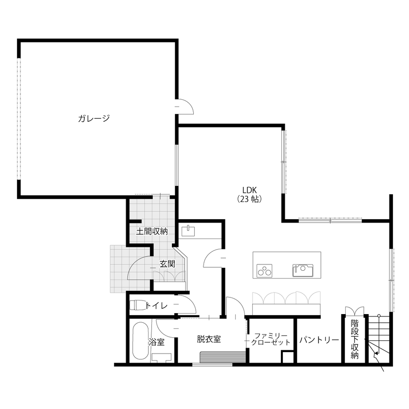 アサヒグローバルホーム 【西尾市/間取り/40坪台/ビルトインガレージ】大窓LDKから愛車を望む。快適デザインのホテルライクな家の間取り図（3LDK＋ガレージ）1階