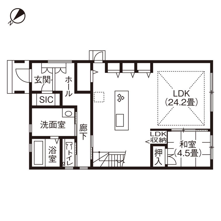 アサヒグローバルホーム 【1000万円台/間取り/40坪台/吹抜リビング/スタイリッシュ外観】屋上バルコニーでBBQ 長年の理想を叶えた家の間取り図（4LDK）1階