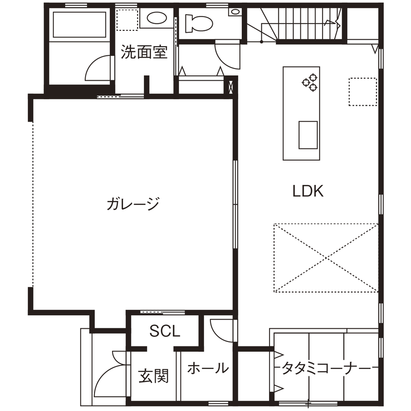 アサヒグローバルホーム 【1000万円台/間取り/ビルトインガレージ/バルコニー】2階の子どものピアノ演奏を吹抜けリビングで聴ける家の間取り図（3LDK）1階