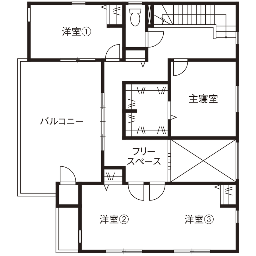 アサヒグローバルホーム 【1000万円台/間取り/ビルトインガレージ/バルコニー】2階の子どものピアノ演奏を吹抜けリビングで聴ける家の間取り図（3LDK）2階