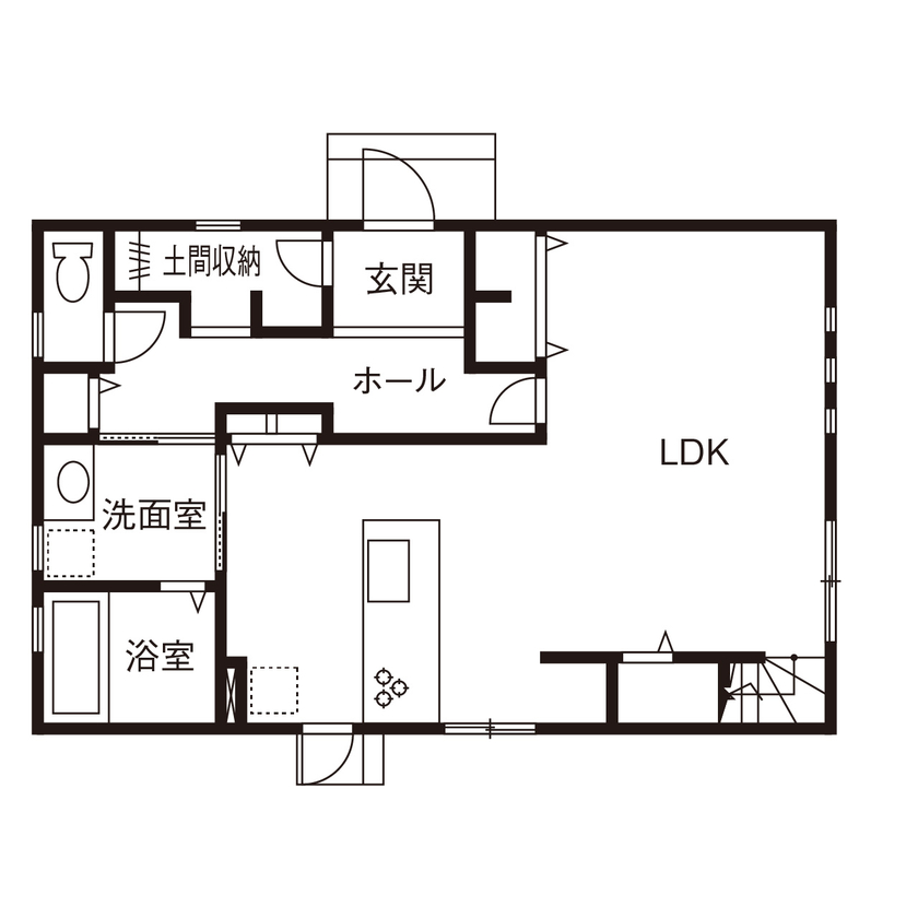 アサヒグローバルホーム 【1000万円台/間取り/約40坪/グレイッシュ外観/土間】南向きの広いリビング×折り上げ天井で開放感抜群の家の間取り図（4LDK）1階
