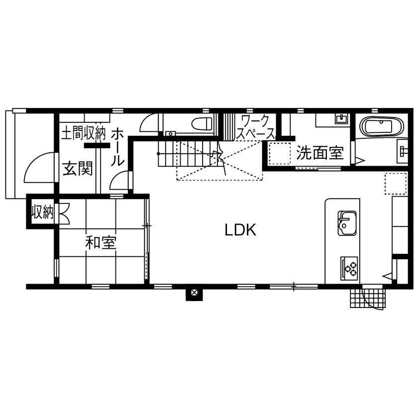 アサヒグローバルホーム 【2000万円台/間取り/30坪台/ガルバリウム外観/モダン】木目×アイアン×吹抜け　木の温もり感じる開放的な家の間取り図（4LDK＋WIC）1階