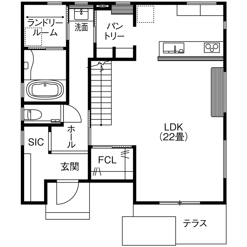 アサヒグローバルホーム 【1000万円台/間取り/30坪台/グレー外観/土間】充実仕様が決め手！1階で洗濯～片付け完結。家事時間1/2の家の間取り図（3LDK＋FCL＋WIC）1階