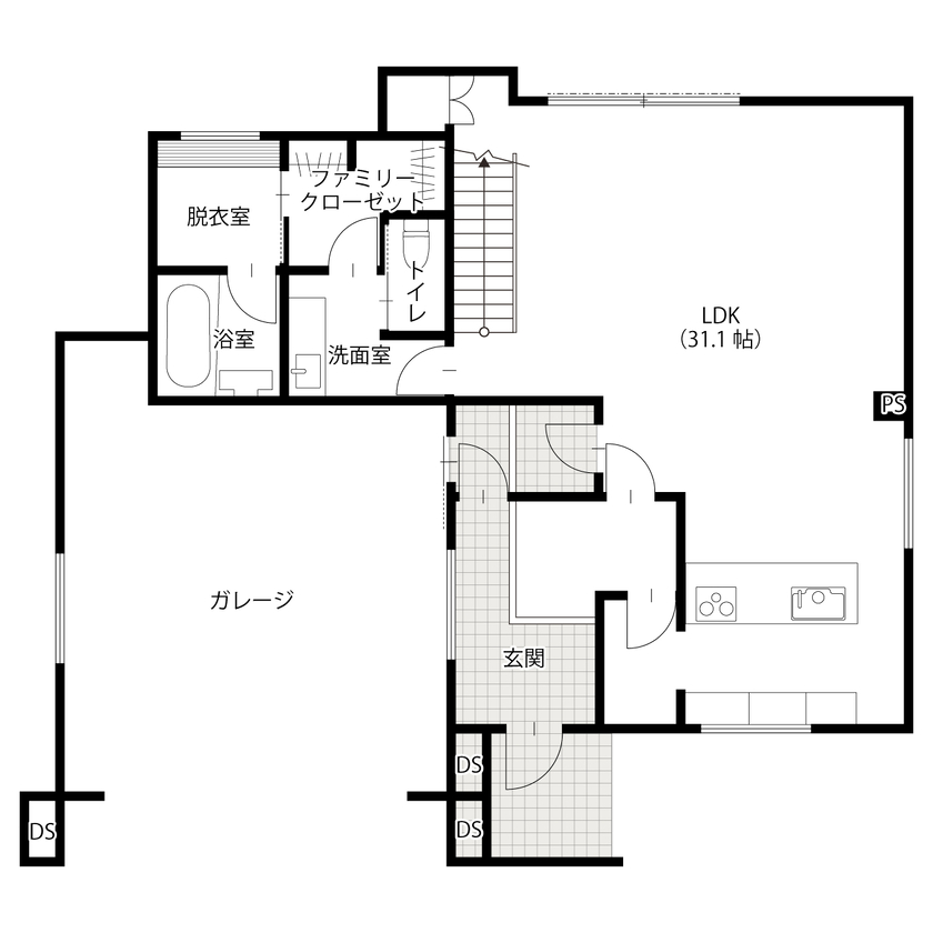 アサヒグローバルホーム 【3000万円台/間取り/60坪台/ガレージ】広大な敷地に建つラグジュアリーなガレージハウスの間取り図（4LDK+ガレージ）1階