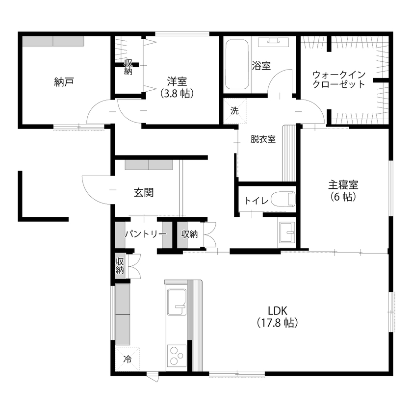 アサヒグローバルホーム 【2000万円台/間取り/20坪台/平屋】趣味に寄り添う収納、動線とデザインを両立したスタイリッシュな平屋の間取り図（2LDK+納戸）1階