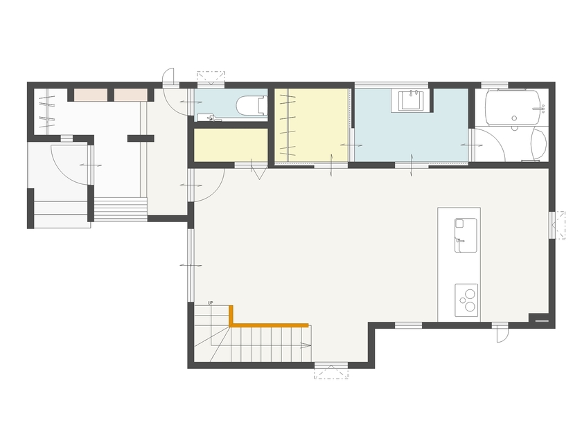 光英住宅 一体感あるLDKの大空間+伸びやかな吹き抜けが気持ちいい家の間取り図（5K以上）1階