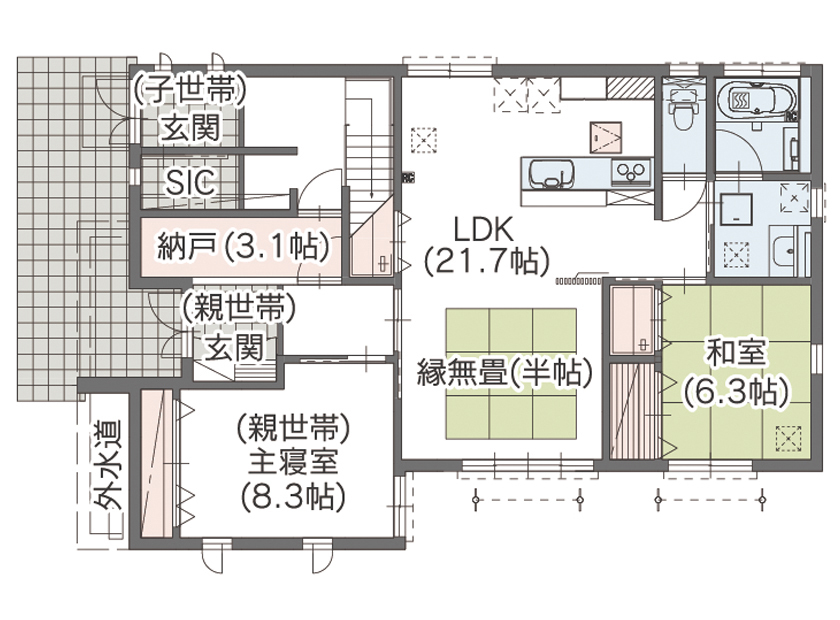 アエラホーム 【間取り図/60坪台/吹き抜け】それぞれの家族のライフスタイルで適度な距離感で暮らす、完全分離二世帯住宅の間取り図（4LDK+納戸・小屋裏収納）1階