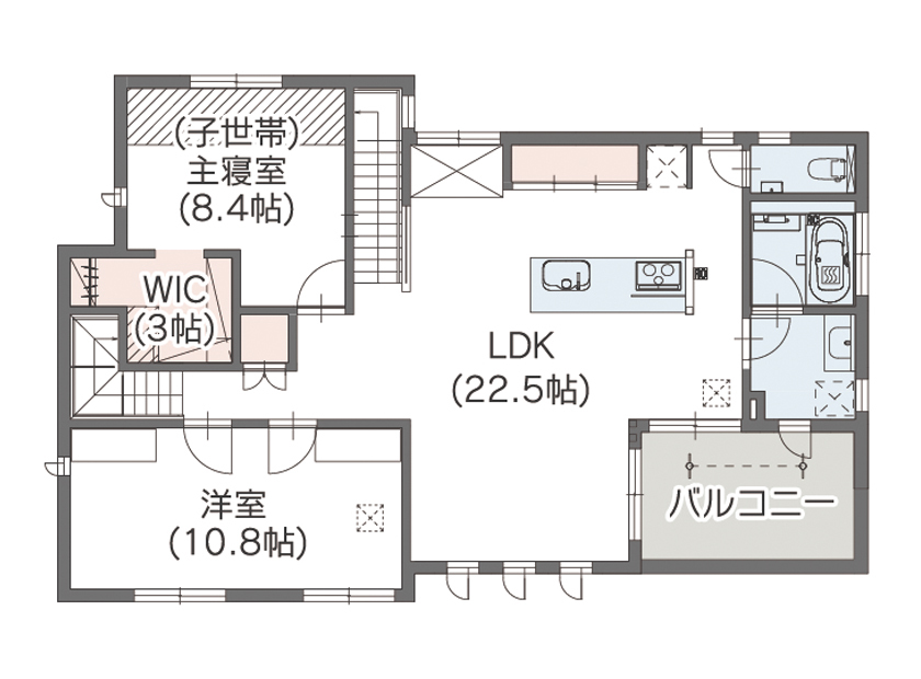 アエラホーム 【間取り図/60坪台/吹き抜け】それぞれの家族のライフスタイルで適度な距離感で暮らす、完全分離二世帯住宅の間取り図（4LDK+納戸・小屋裏収納）2階